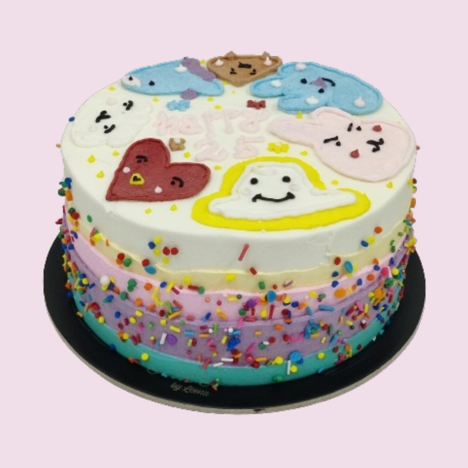 BT21 Characters on White to Pink Ombre Cake for Birthday - Pink Apron