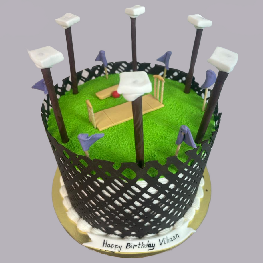 15AD Bakery - Cricket Pitch cake with bat, ball, and wickets make this cake  not only beautiful for cricket lovers but also gives finger licking  experience. #cricketthemecake #cricketpitchcake #sportscake  #semifondantcake #15AD #Kim15AD #